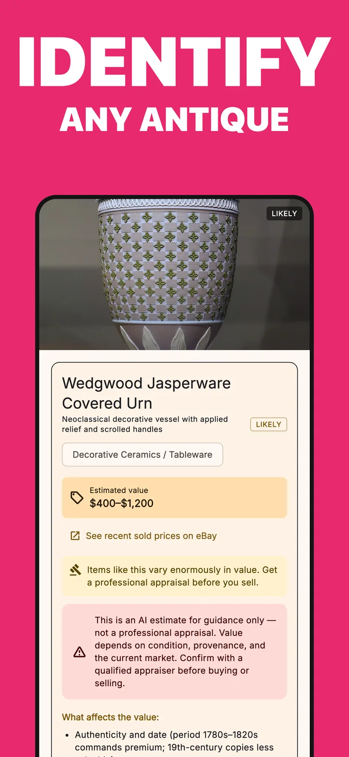 Vintio result for a Wedgwood Jasperware Covered Urn marked Likely, with an estimated value of $400 to $1,200, a link to recent sold prices on eBay, a note to get a professional appraisal before selling, and the AI-estimate disclaimer