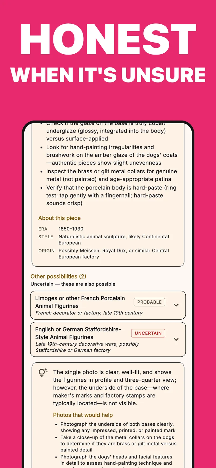 Vintio result for porcelain dog figurines showing two other possibilities marked Probable and Uncertain, and a list of photos that would help, such as the underside of both bases